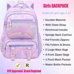 Vimivon Girls Backpack for Kids 6-8 Butterfly Backpacks for Girls 8-10 1st 2nd Grade Kindergarten Preschool Elementary School,Purple