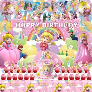 princess peach birthday party supplies, princess peach party favors, princess peach party decorations include banners, backdrop, hanging swirls, balloons, cake decoration, cupcake toppers, tablecloth