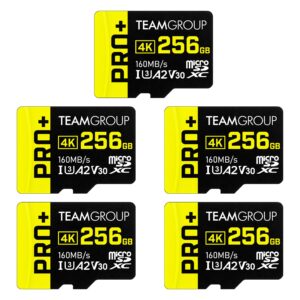 teamgroup a2 pro plus card 256gb x 5 pack micro sdxc uhs-i u3 a2 v30, r/w up to 160/110 mb/s for nintendo-switch, gaming devices, tablets, smartphones, 4k shooting, with adapter tppmsdx256gia2v3063