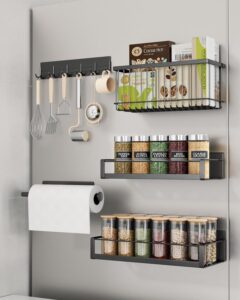 allzone magnetic spice rack for refrigerator, 5 pack fridge spice organizer, strong magnet shelf with wrap rack and utensil hook, removable side fridge storage rack for kitchen