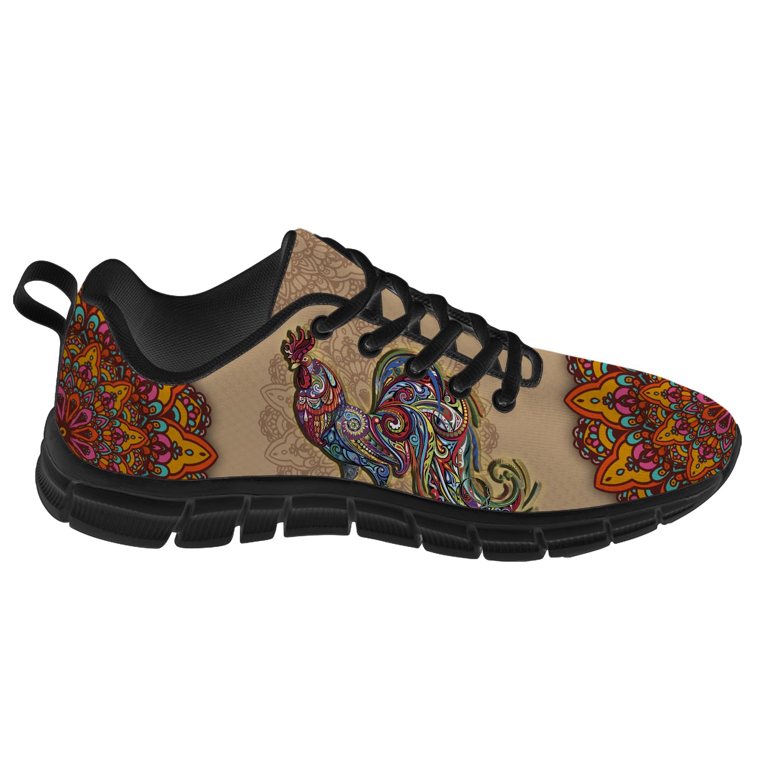 Mens Womens Rooster Shoes Running Walking Tennis Sneakers Mandala Rooster Flower Farm Animal Shoes Gifts for Women Men,Size 9 Men/10.5 Women Black