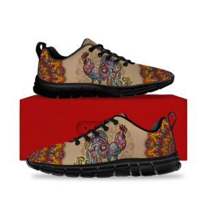 Mens Womens Rooster Shoes Running Walking Tennis Sneakers Mandala Rooster Flower Farm Animal Shoes Gifts for Women Men,Size 9 Men/10.5 Women Black