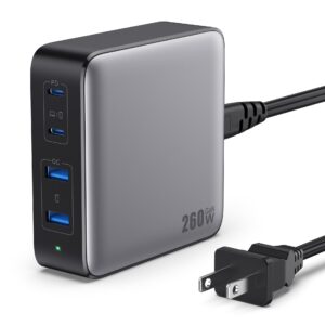 usb c charger 260w, 4-port fast charging gan desktop usb c charging station,100w usb c laptop charger compatible with macbook pro/air, ipad pro,dell xps, iphone 15/14,samsung s23 all usb c device etc