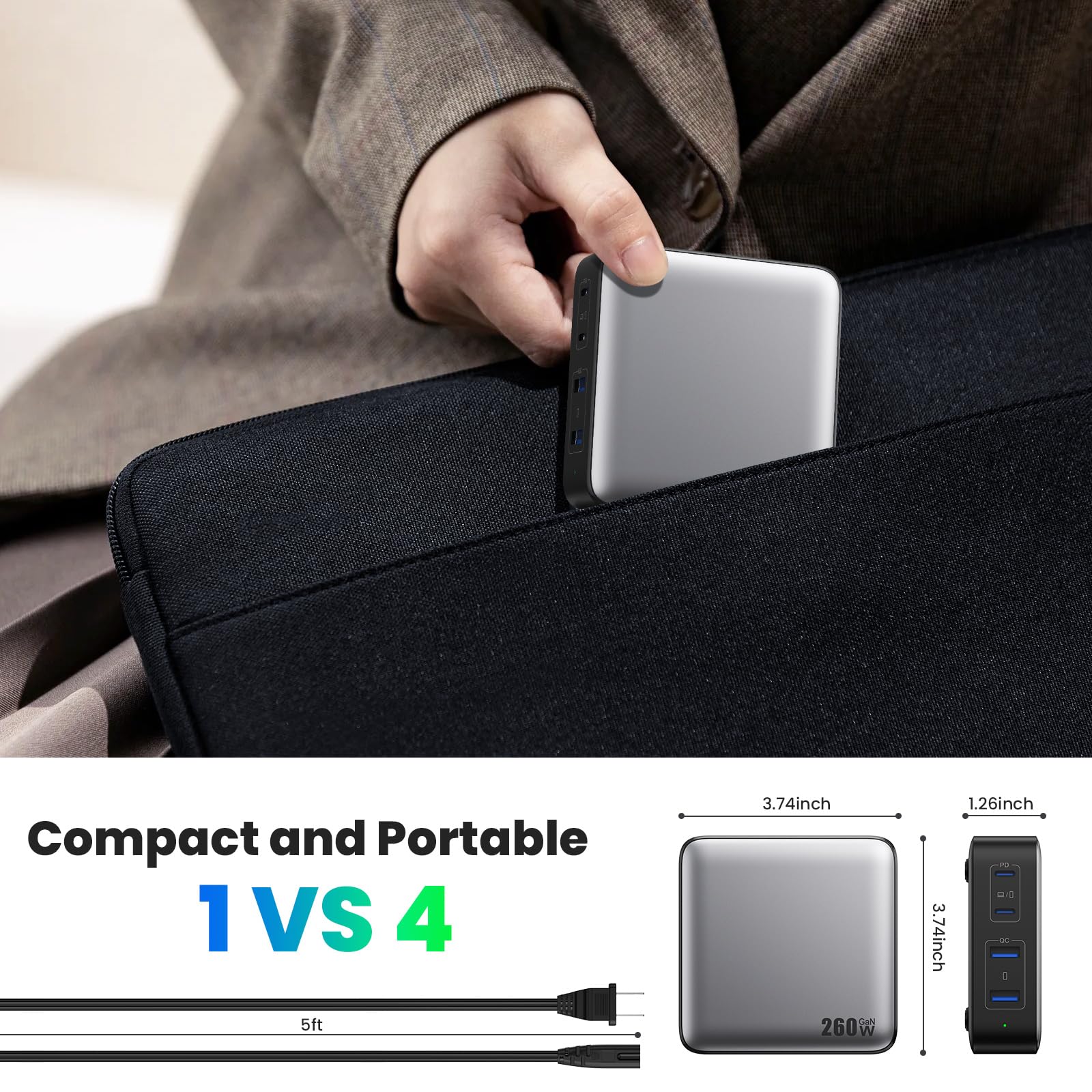 USB C Charger 260W, 4-Port Fast Charging GaN Desktop USB C Charging Station,100W USB C Laptop Charger Compatible with MacBook Pro/Air, iPad Pro,Dell XPS, iPhone 15/14,Samsung S23 All USB C Device etc