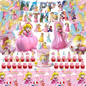princess peach birthday party supplies, princess peach party decorations, princess peach party favors include banners, hanging swirls, balloons, cake decoration, cupcake toppers, tablecloth