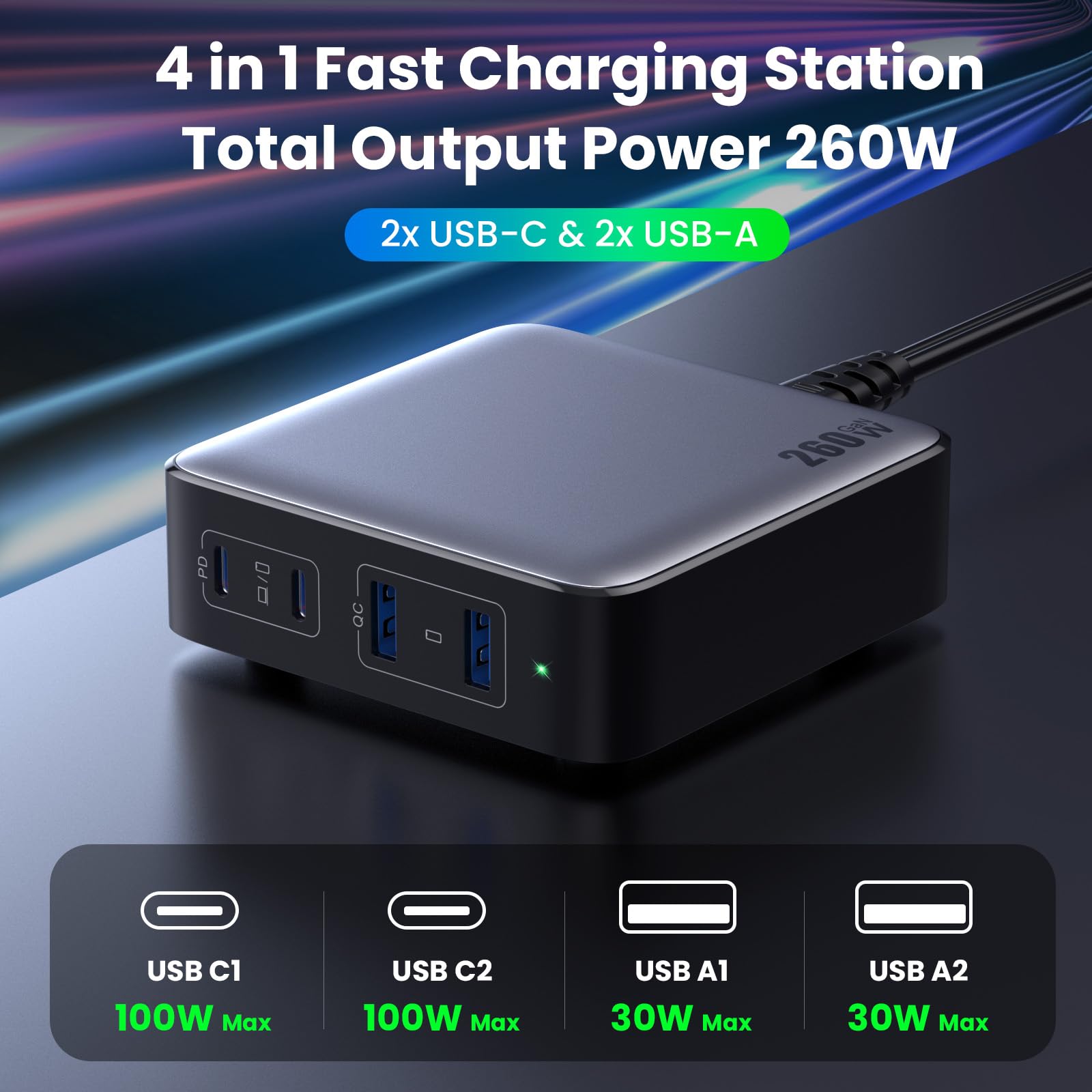 USB C Charger 260W, 4-Port Fast Charging GaN Desktop USB C Charging Station,100W USB C Laptop Charger Compatible with MacBook Pro/Air, iPad Pro,Dell XPS, iPhone 15/14,Samsung S23 All USB C Device etc