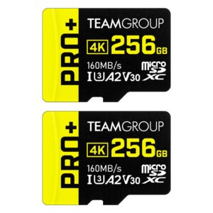 teamgroup a2 pro plus card 256gb x 2 pack micro sdxc uhs-i u3 a2 v30, r/w up to 160/110 mb/s for nintendo-switch, gaming devices, tablets, smartphones, 4k shooting, with adapter tppmsdx256gia2v3064