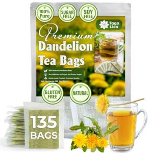 premium 135 dandelion root tea bags, 100% natural & pure from dandelion root, eco-conscious tea bags, dandelion tea, dandelion root herbal tea. dandelion root tea. no sugar, no caffeine, no gluten, vegan