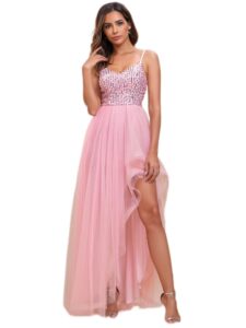 ever-pretty women's sequin spaghetti straps double v neck tulle formal dresses graduation dress pink us10