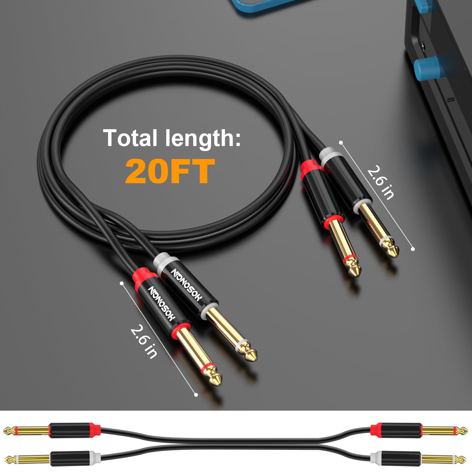 HOSONGIN Dual 1/4 inch TS to Dual 1/4 inch TS Stereo Interconnect Insert Cable for Amplifer Mixer, 20 Feet, PVC Jacket-Gold Plated Plug-Double Shielding