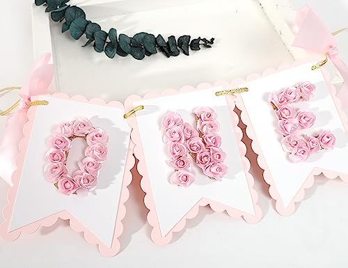 Flower 1st Birthday High Chair Banner - Pink and Gold One Birthday Banner, Princess 1st Birthday Decoration, Rose First Birthday Highchair Banner, Flower One Letters