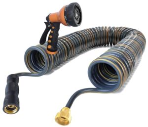 homeyhoney eva recoil garden hose 50 ft, coiled boat hose, heavy duty eva coil hose with spray nozzle and brass connectors for outdoors, yard, boats, car washing