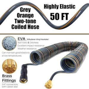 HomeyHoney EVA Recoil Garden Hose 50 ft, Coiled Boat Hose, Heavy Duty EVA coil Hose with Spray Nozzle and Brass Connectors for Outdoors, Yard, Boats, Car Washing