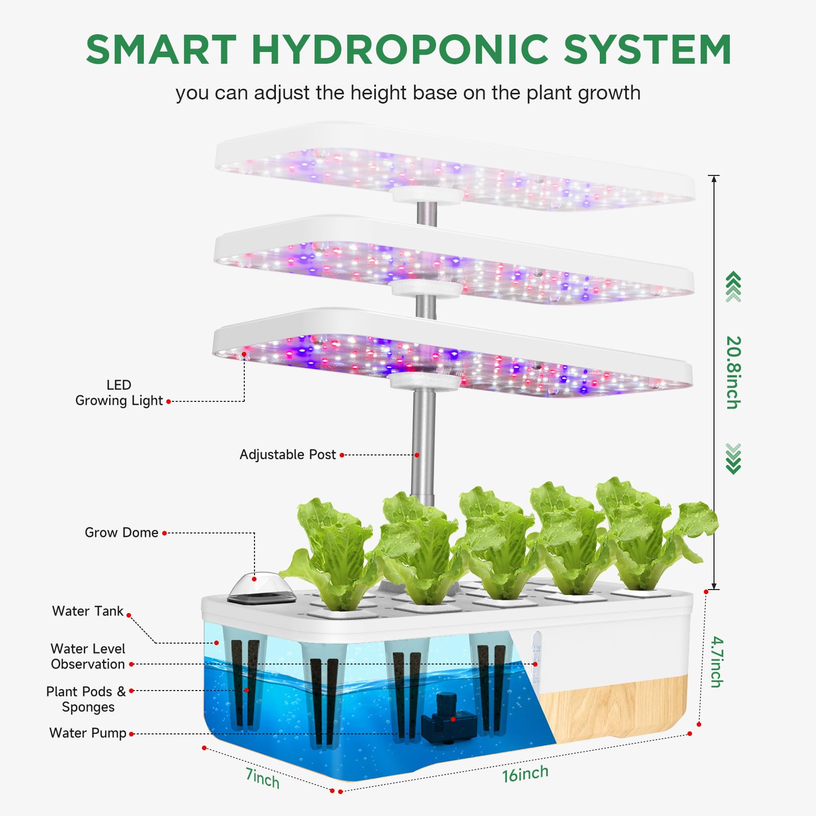 Hydroponics Growing System 12Pods, Indoor Herb Garden with LED Grow Light, Plants Germination Kit with Pump System, Automatic Timer, Adjustable Height for Home, Kitchen, Office (White)