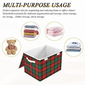 Ollabaky Christmas Plaid Larger Collapsible Storage Bin Fabric Decorative Storage Box Cube Organizer Container Baskets with Lid Handles for Closet Organization, Shelves