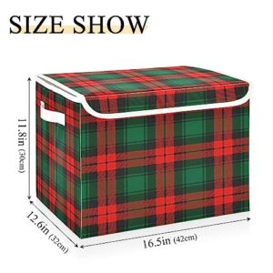 Ollabaky Christmas Plaid Larger Collapsible Storage Bin Fabric Decorative Storage Box Cube Organizer Container Baskets with Lid Handles for Closet Organization, Shelves