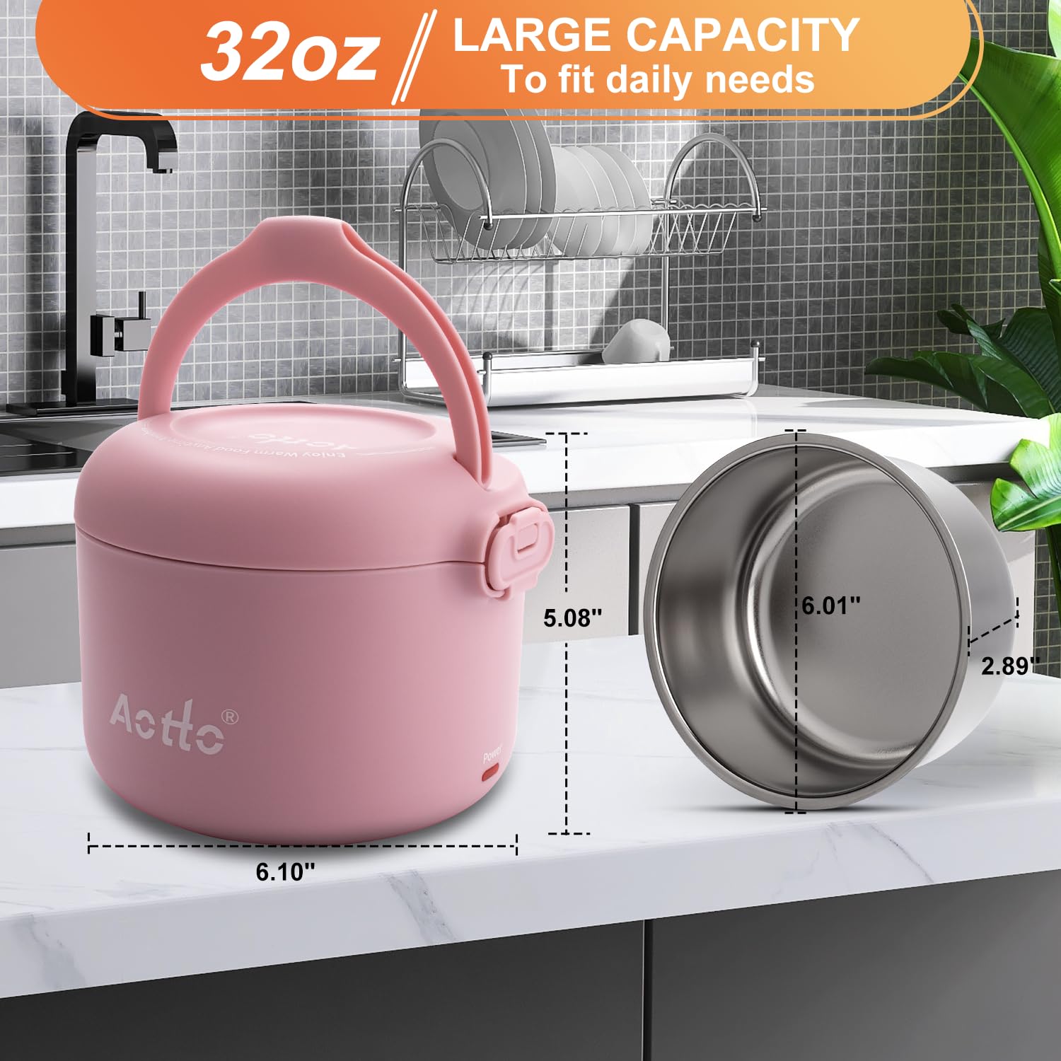 Aotto Electric Lunch Box, 50/70/80W 3 in 1 Portable Food Warmer Heated Lunch Boxes for Adults, 12V 24V 110V Food Heater for Car/Truck/Travel/Office/Work/Home 32oz Leakproof Mini Personal, Pink