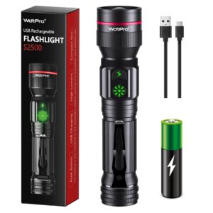 wdtpro flashlights rechargeable, 2000 high lumens super bright led flashlight portable, 5 modes dual switch tactical flashlight with clip, waterproof zoomable for camping emergency, battery included