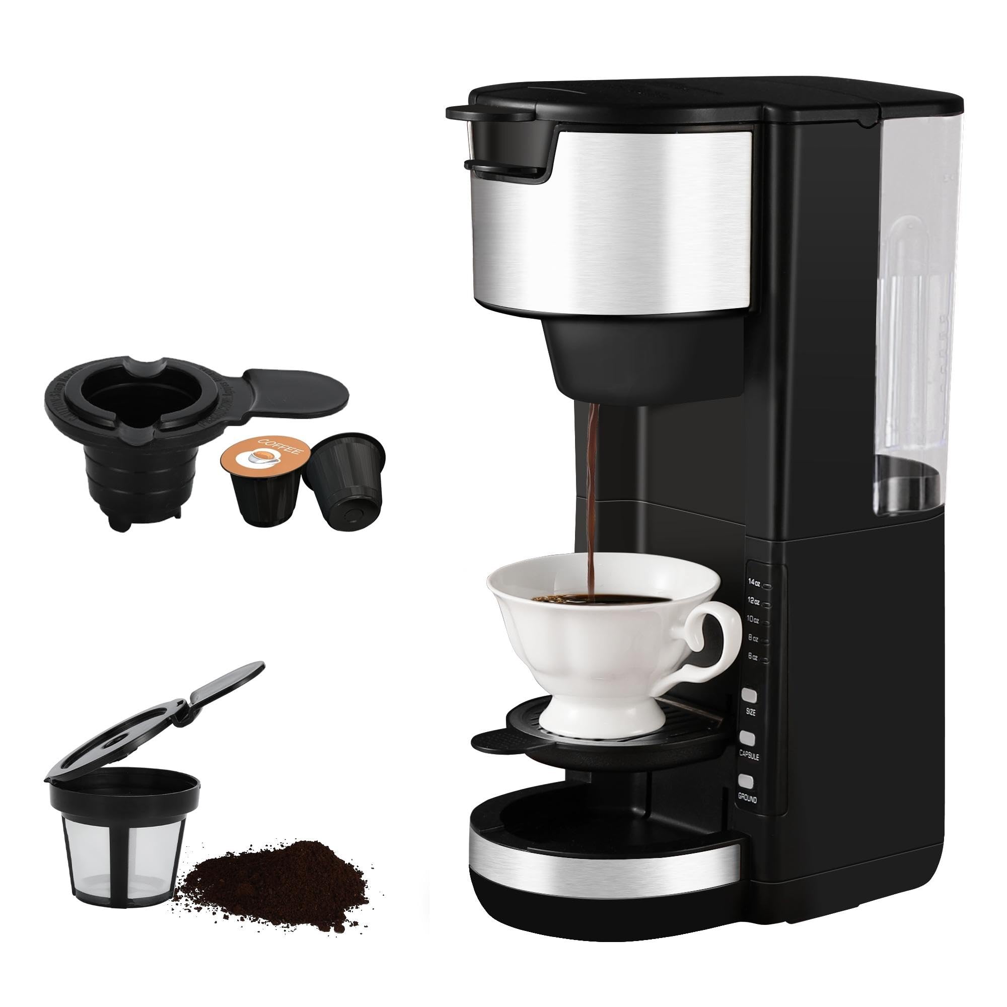 Single Serve Coffee Maker for K Cup & Ground Coffee, 6 to 14 OZ Brew Sizes, Small Coffee Maker with 30 OZ Water Reservior & Automatic Shut-Off Function, Adjustable Drip Tray