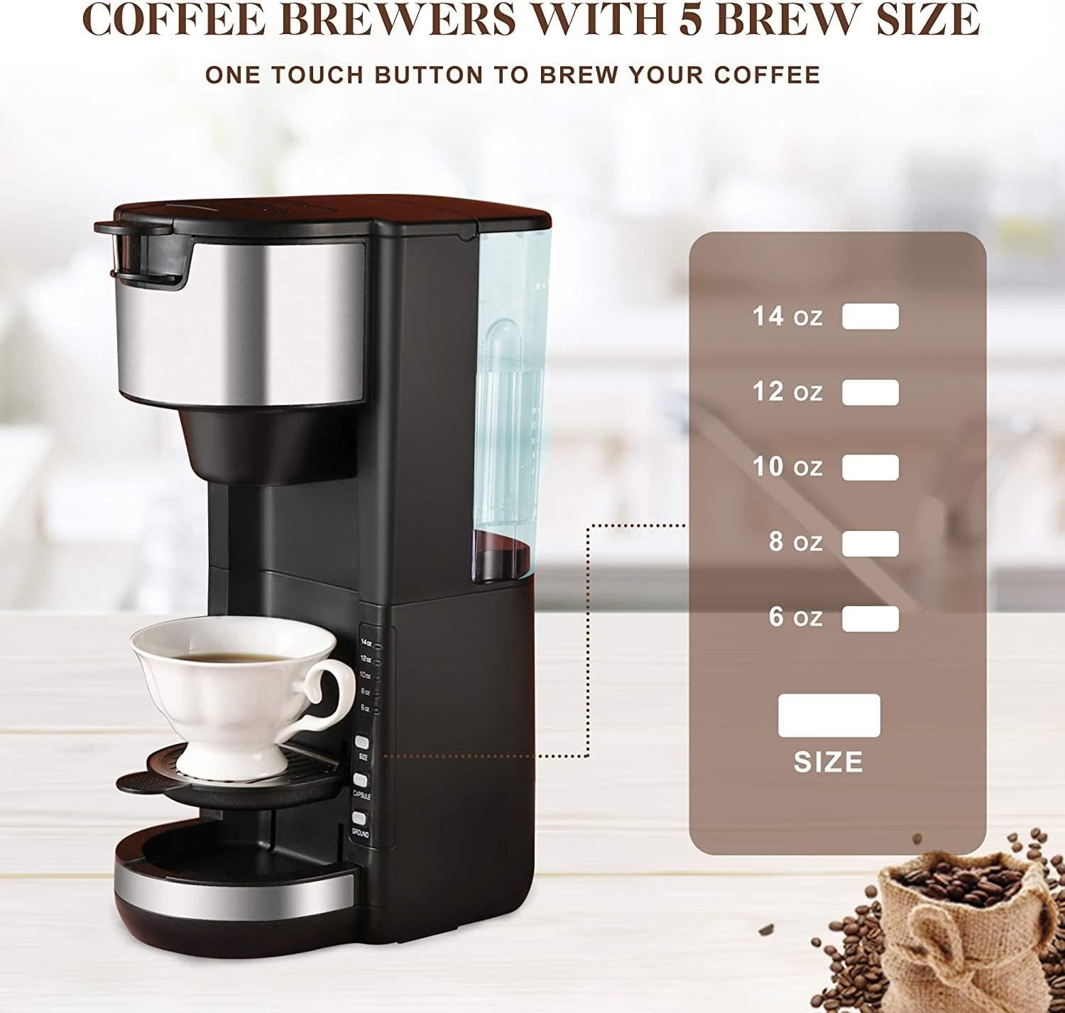 Single Serve Coffee Maker for K Cup & Ground Coffee, 6 to 14 OZ Brew Sizes, Small Coffee Maker with 30 OZ Water Reservior & Automatic Shut-Off Function, Adjustable Drip Tray