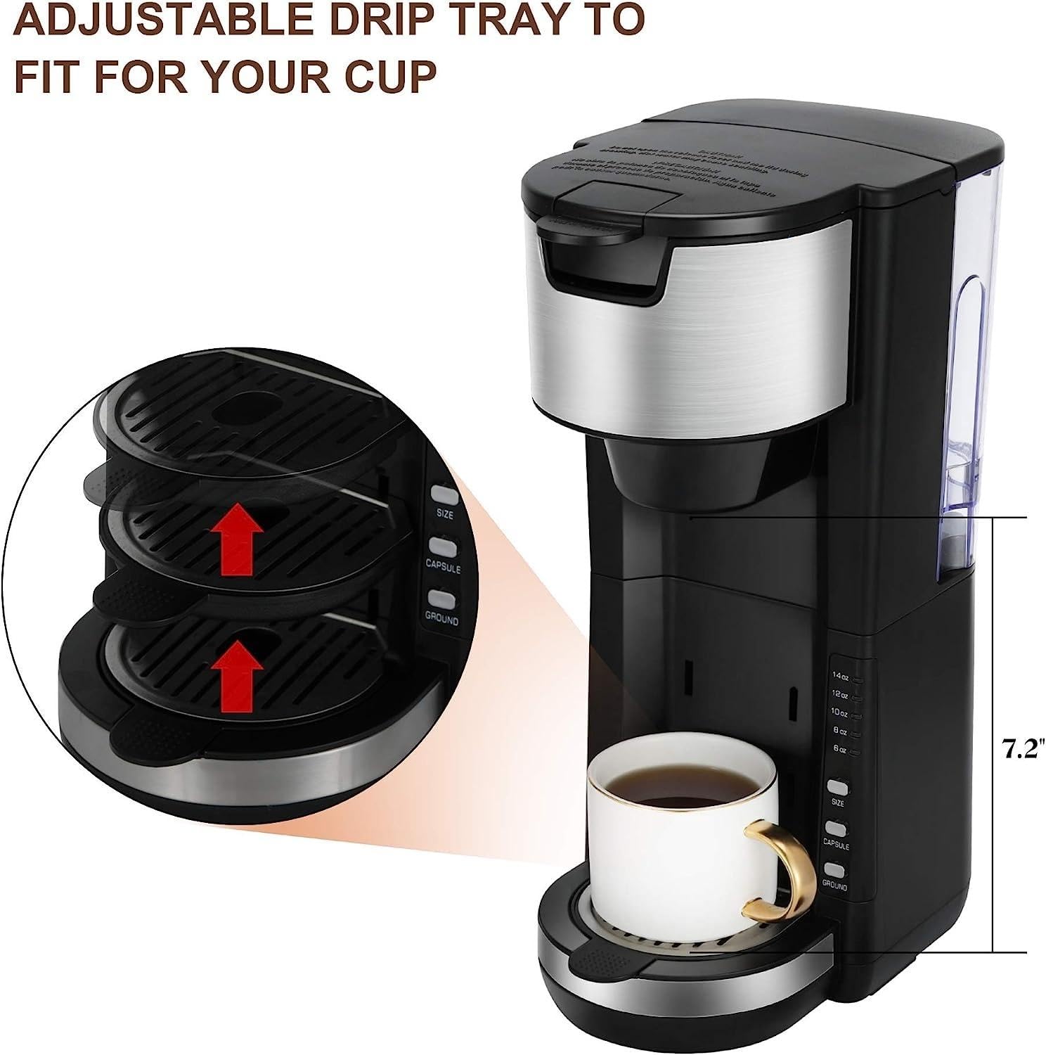 Single Serve Coffee Maker for K Cup & Ground Coffee, 6 to 14 OZ Brew Sizes, Small Coffee Maker with 30 OZ Water Reservior & Automatic Shut-Off Function, Adjustable Drip Tray