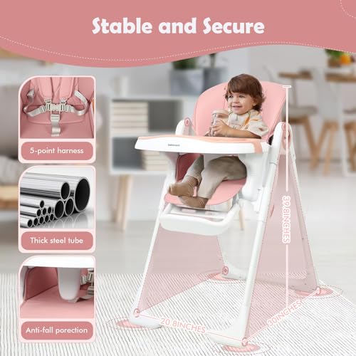 babimoni 4 in 1 Baby High Chair, High Chairs for Babies and Toddlers, Portable Feeding and Eating Seat, Foldable Highchair with 4 Levels of Recline and 7 Levels of Height Adjustment (Pink)