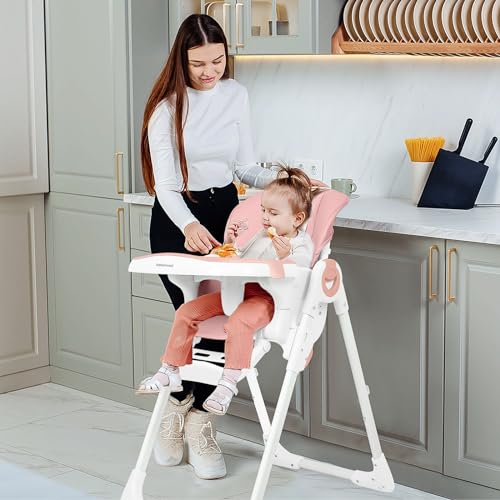 babimoni 4 in 1 Baby High Chair, High Chairs for Babies and Toddlers, Portable Feeding and Eating Seat, Foldable Highchair with 4 Levels of Recline and 7 Levels of Height Adjustment (Pink)