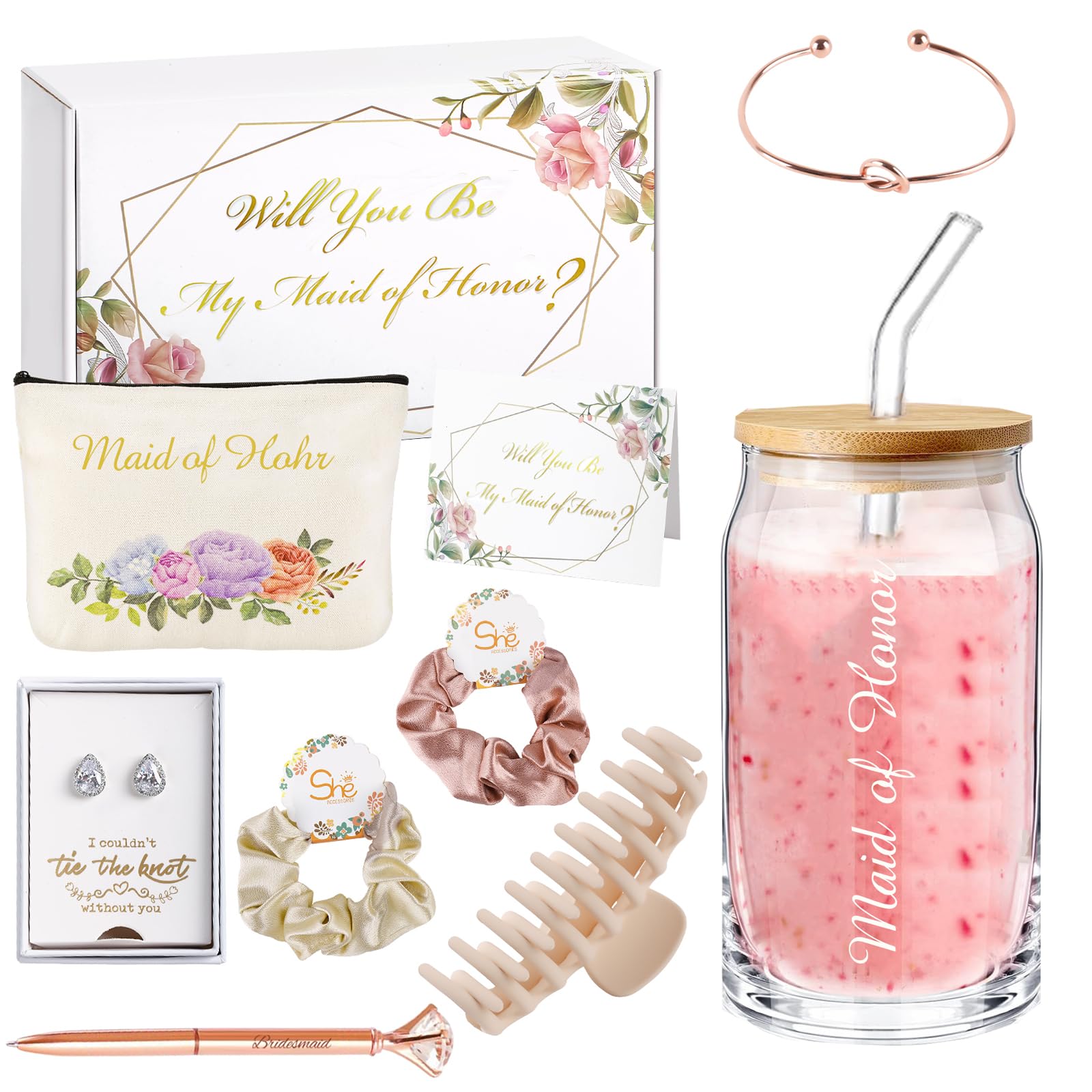 4MELLY 11 Pcs Maid Of Honor Gifts Box Maid Of Honor Proposal Gifts Set Will You Be My Maid Of Honor Box 16 oz Maid Of Honor Cup Maid Of Honor Proposal Box