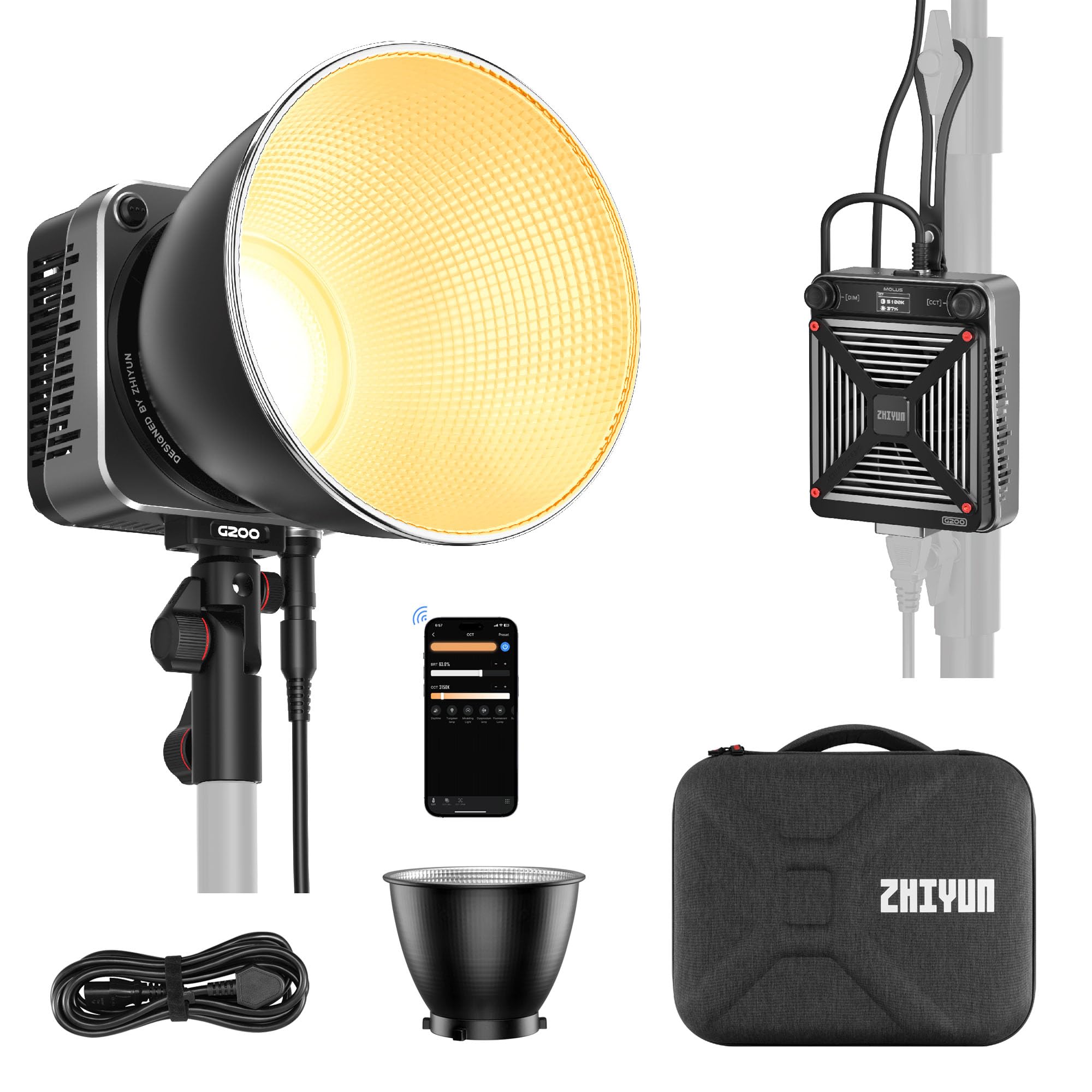 ZHIYUN MOLUS G200 COB Video Light Bowens Mount Camera Light, Bi-Color 2700K-6500K Photography Lighting, ZY Vega App Control for Portrait, Studio, Interview and Filming