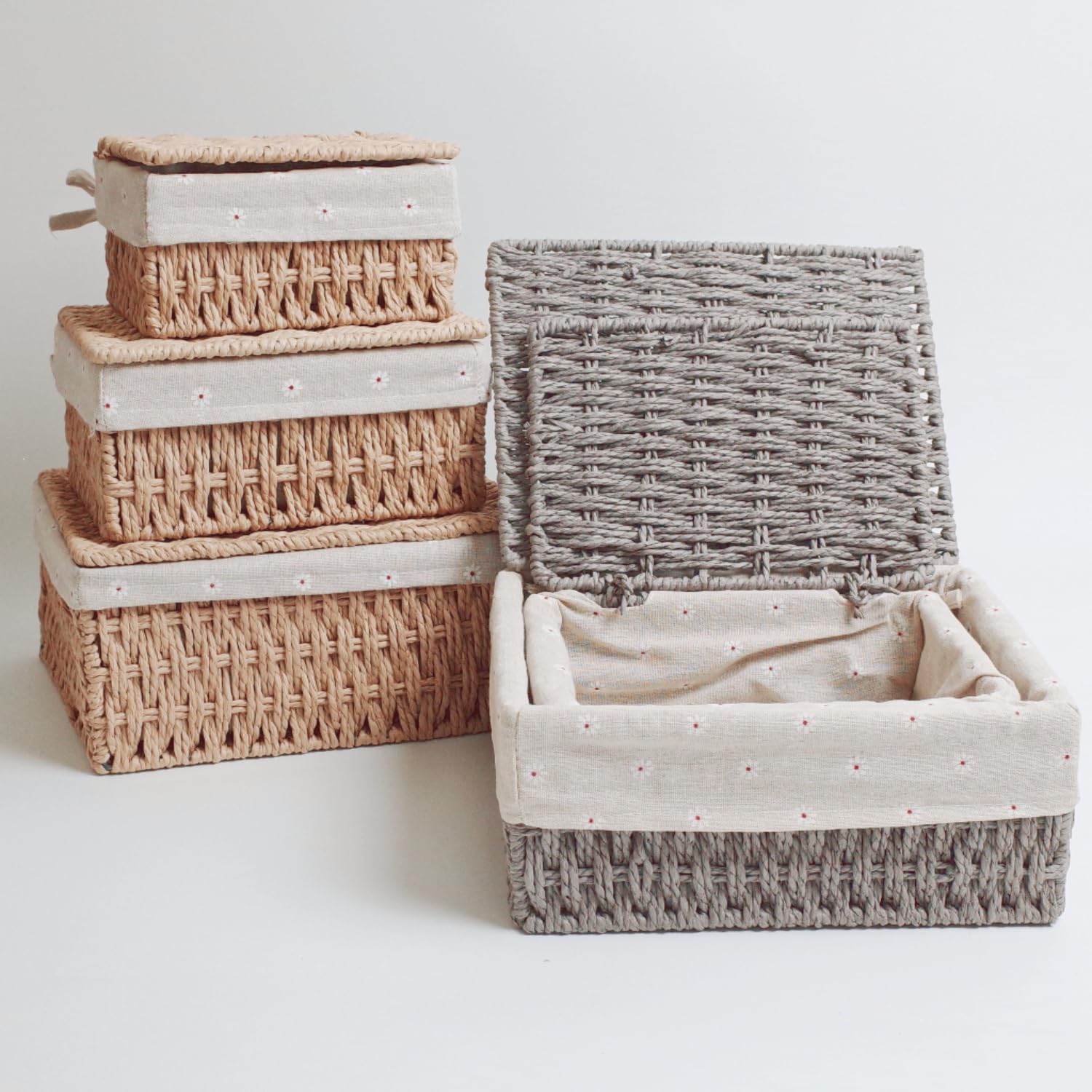 Rattanzenith Wicker Basket with Lid Paper Rope Storage Baskets for Shelves Large Storage Bin with Removable Liner Nesting Decorative Woven Basket for Makeup Closet Organizer (Large, Khaki)