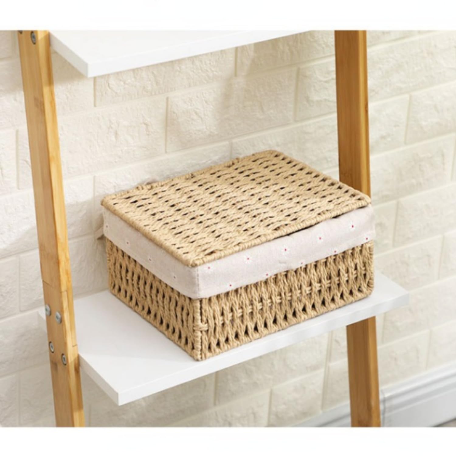 Rattanzenith Wicker Basket with Lid Paper Rope Storage Baskets for Shelves Large Storage Bin with Removable Liner Nesting Decorative Woven Basket for Makeup Closet Organizer (Large, Khaki)