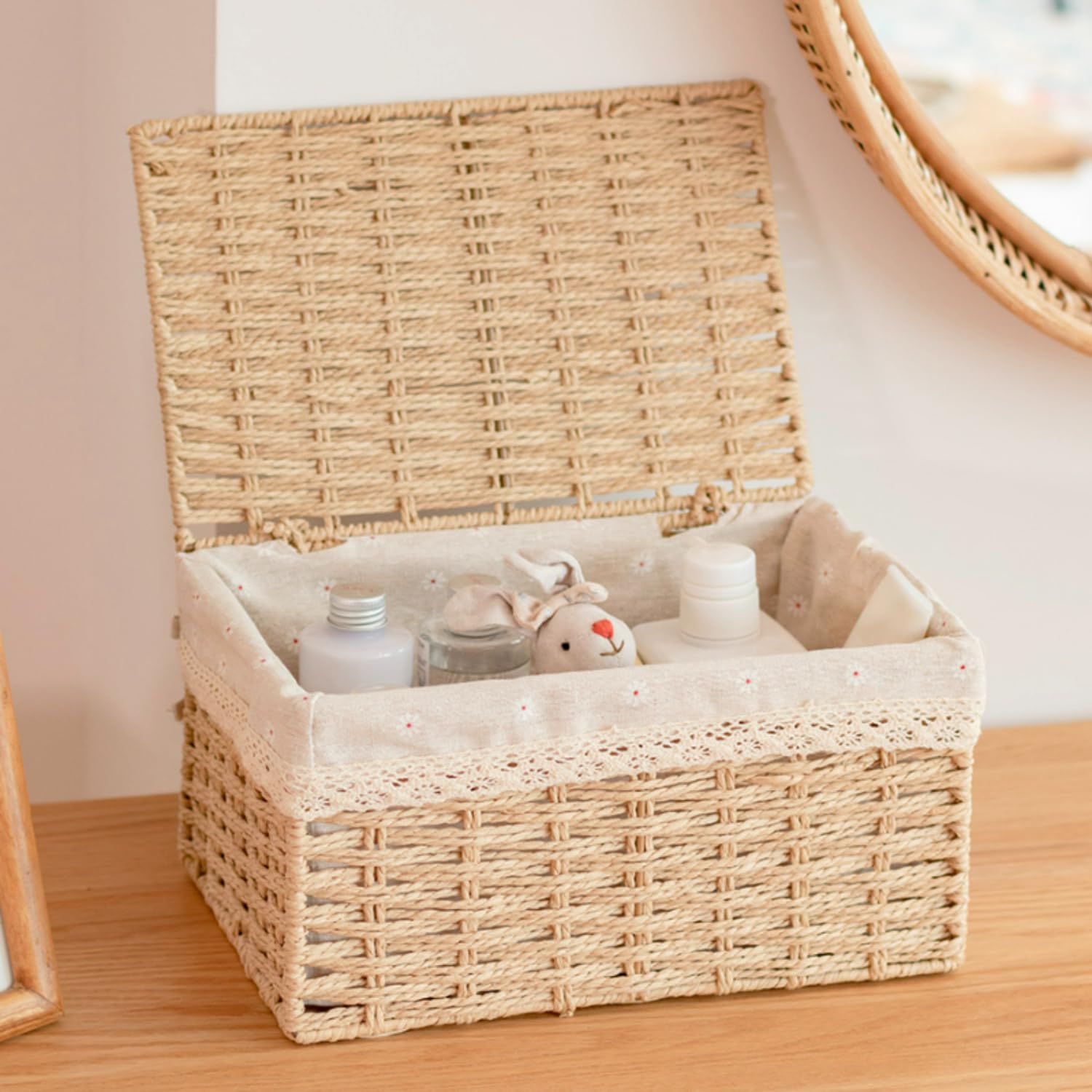 Rattanzenith Wicker Basket with Lid Paper Rope Storage Baskets for Shelves Large Storage Bin with Removable Liner Nesting Decorative Woven Basket for Makeup Closet Organizer (Large, Khaki)