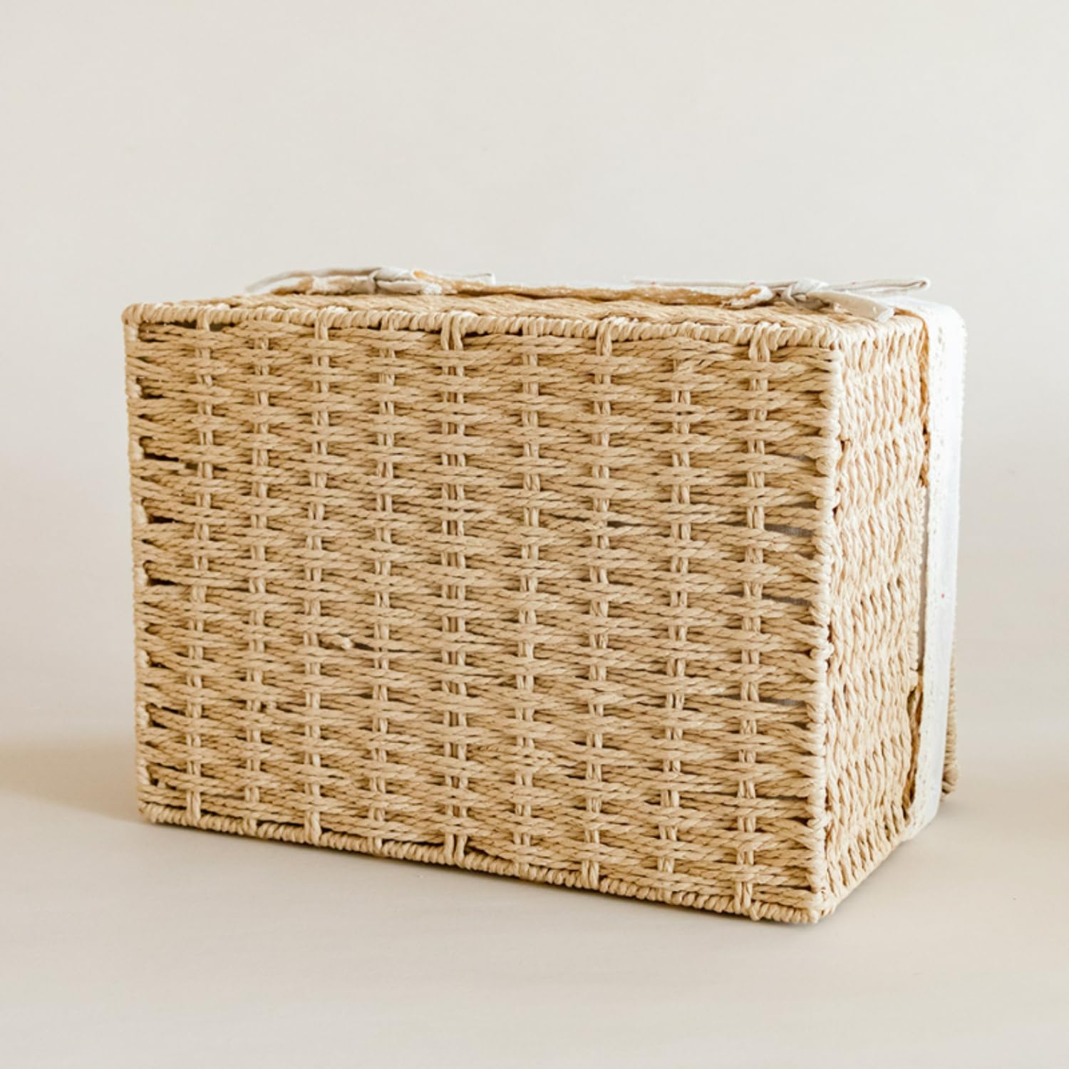 Rattanzenith Wicker Basket with Lid Paper Rope Storage Baskets for Shelves Large Storage Bin with Removable Liner Nesting Decorative Woven Basket for Makeup Closet Organizer (Large, Khaki)