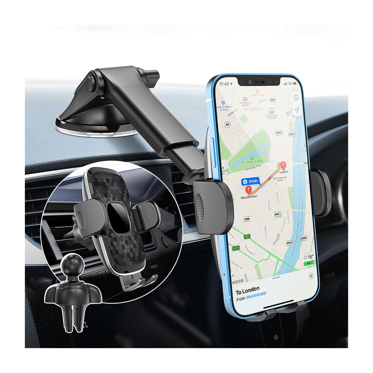 BESULEN Car Phone Holder Mount, 3-in-1 Cell Phone Holder for Car Dashboard Windshield Air Vent, Suction Cup Phone Cradle with Strong Sticky Gel Pad, Compatible with iPhone 14 13 12 Pro Max and More