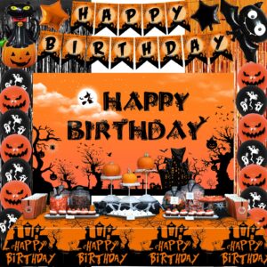 halloween birthday party decorations for kids adults, halloween themed birthday decorations scary happy birthday banner balloons tablecloth foil fringe curtain, halloween party supplies indoor outdoor
