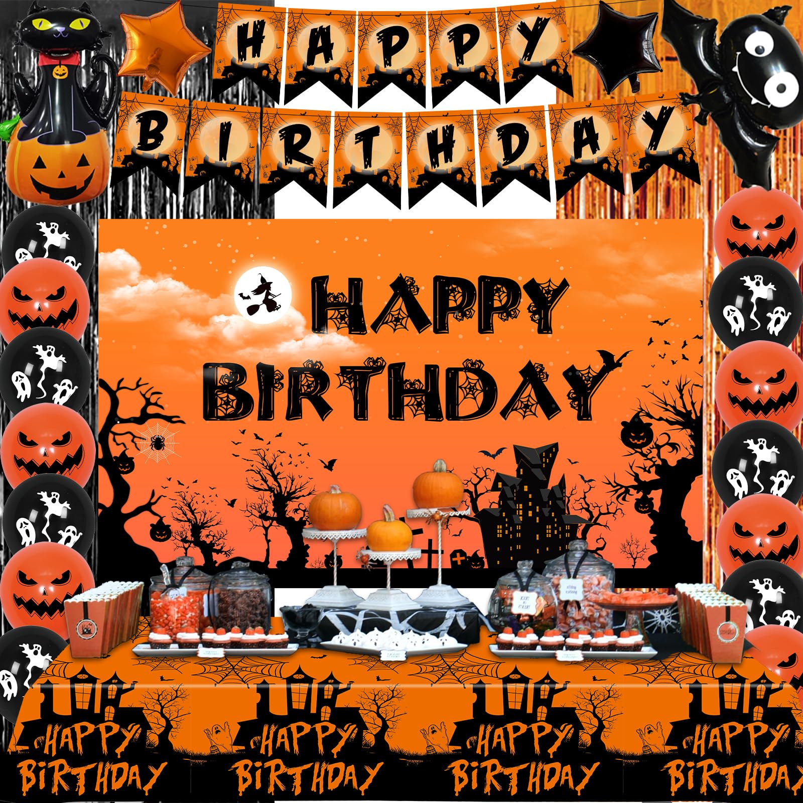 Halloween Birthday Party Decorations for Kids Adults, Halloween Themed Birthday Decorations Scary Happy Birthday Banner Balloons Tablecloth Foil Fringe Curtain, Halloween Party Supplies Indoor Outdoor