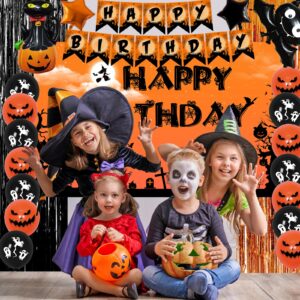 Halloween Birthday Party Decorations for Kids Adults, Halloween Themed Birthday Decorations Scary Happy Birthday Banner Balloons Tablecloth Foil Fringe Curtain, Halloween Party Supplies Indoor Outdoor