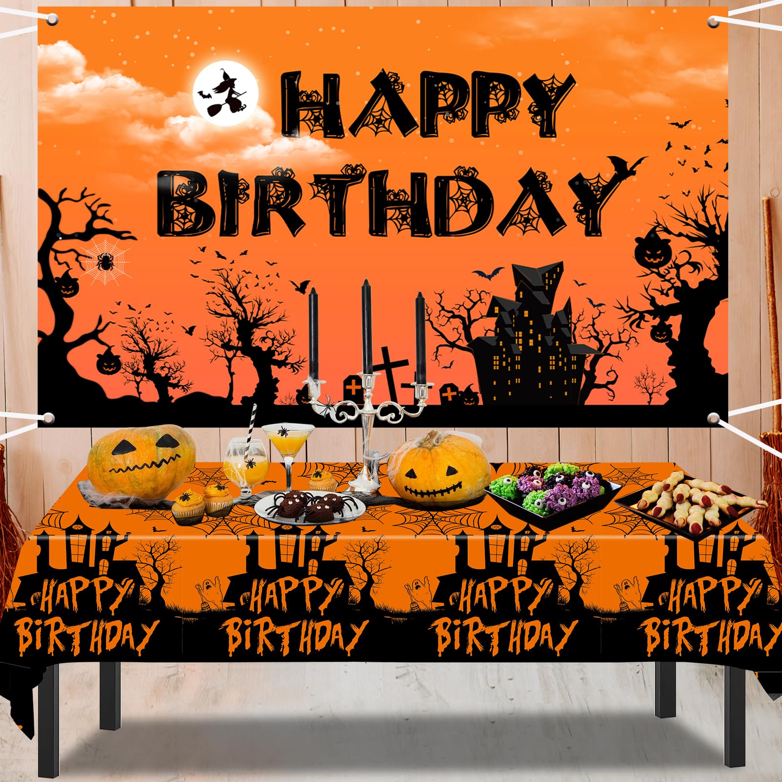 Halloween Birthday Party Decorations for Kids Adults, Halloween Themed Birthday Decorations Scary Happy Birthday Banner Balloons Tablecloth Foil Fringe Curtain, Halloween Party Supplies Indoor Outdoor