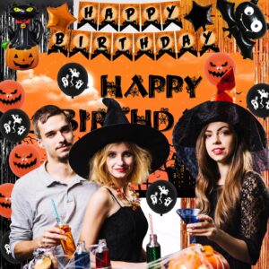 Halloween Birthday Party Decorations for Kids Adults, Halloween Themed Birthday Decorations Scary Happy Birthday Banner Balloons Tablecloth Foil Fringe Curtain, Halloween Party Supplies Indoor Outdoor