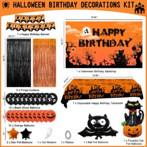 Halloween Birthday Party Decorations for Kids Adults, Halloween Themed Birthday Decorations Scary Happy Birthday Banner Balloons Tablecloth Foil Fringe Curtain, Halloween Party Supplies Indoor Outdoor