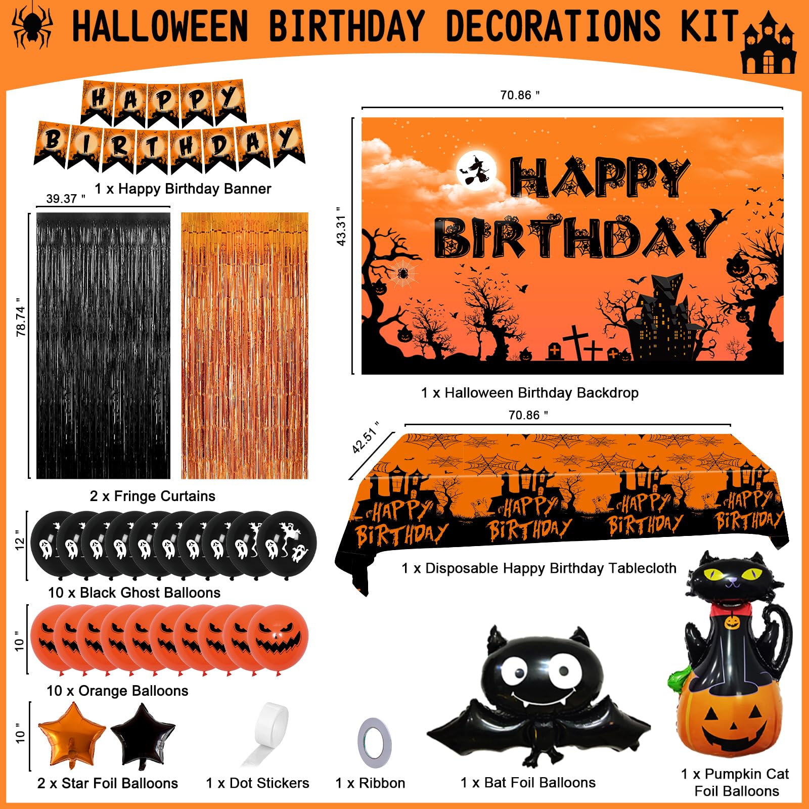 Halloween Birthday Party Decorations for Kids Adults, Halloween Themed Birthday Decorations Scary Happy Birthday Banner Balloons Tablecloth Foil Fringe Curtain, Halloween Party Supplies Indoor Outdoor