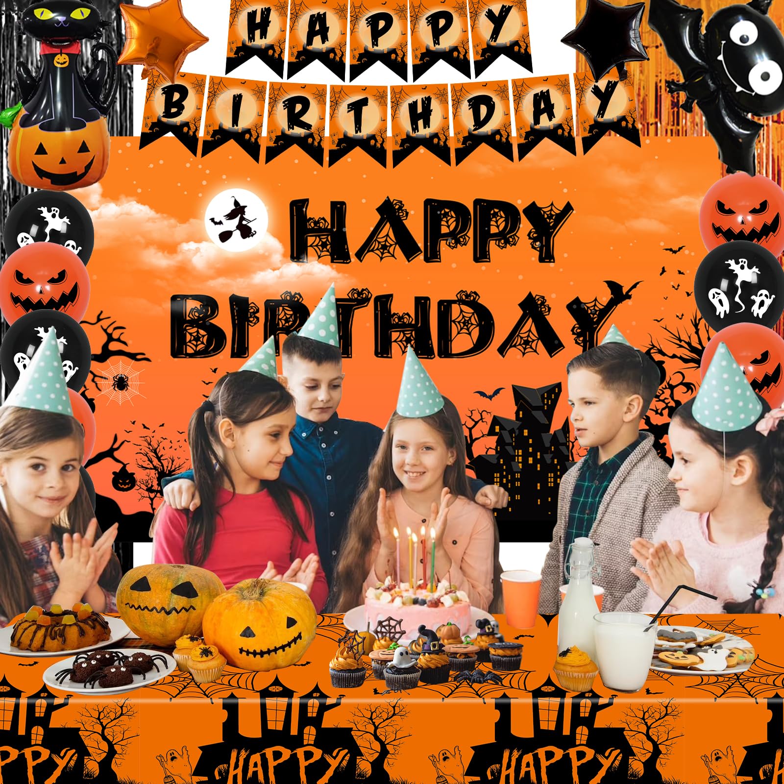 Halloween Birthday Party Decorations for Kids Adults, Halloween Themed Birthday Decorations Scary Happy Birthday Banner Balloons Tablecloth Foil Fringe Curtain, Halloween Party Supplies Indoor Outdoor