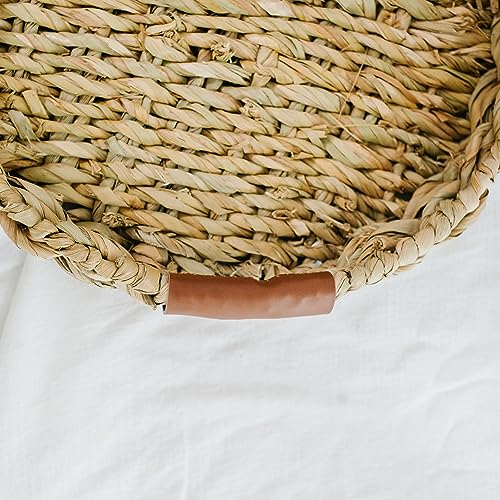 Summit Living Handwoven Round Rattan Tray with Leather Handles – Use as Home Decor or Vegetable and Fruit Organizer Tray – Water Hyacinth Circular Wicker Tray (14" x 14")