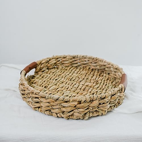 Summit Living Handwoven Round Rattan Tray with Leather Handles – Use as Home Decor or Vegetable and Fruit Organizer Tray – Water Hyacinth Circular Wicker Tray (14" x 14")