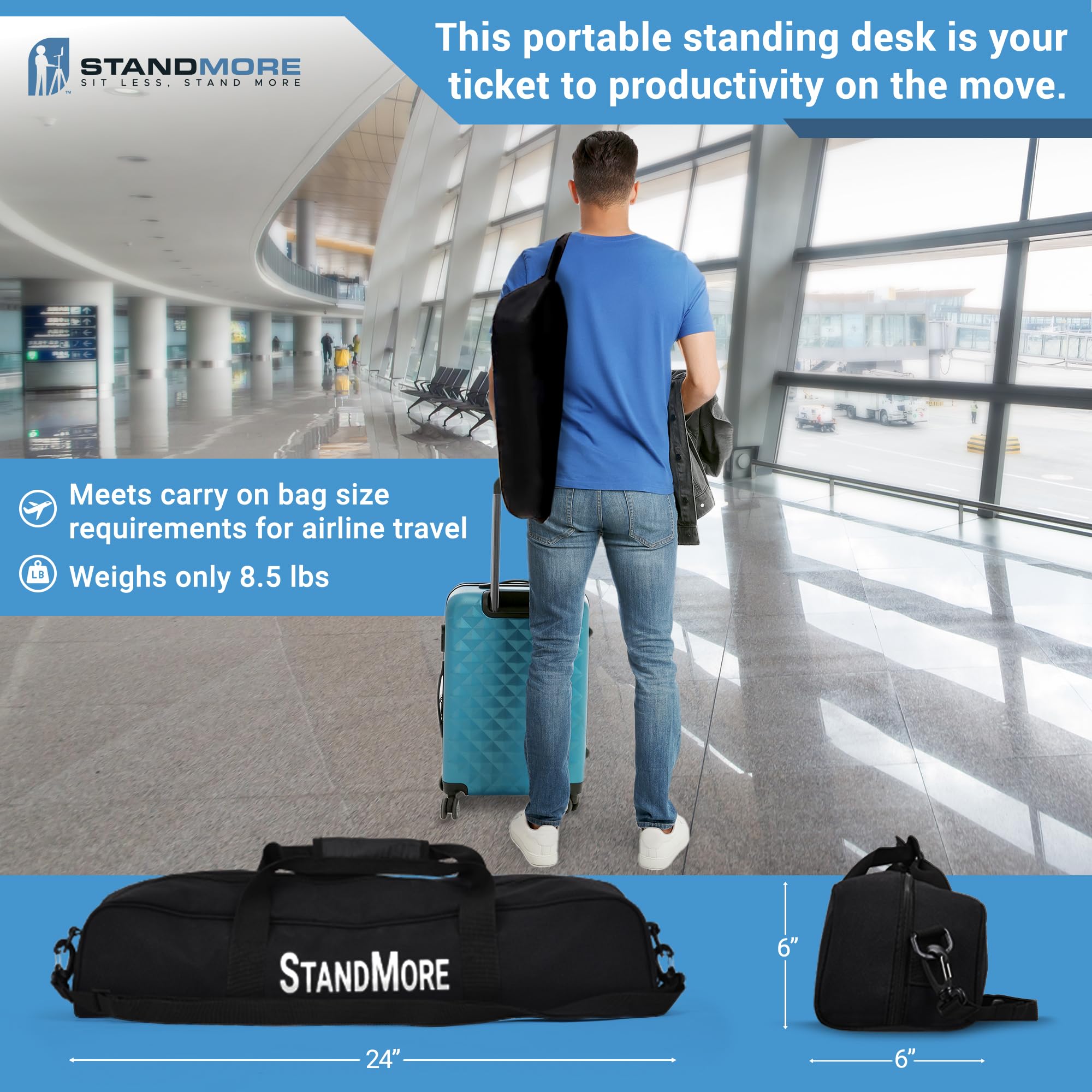 StandMore Portable Standing Desk with Keyboard Tray, Ergonomic Portable Table Height Adjustable Desk with Carrying Bag -Perfect Stand up Desk for Home Office, School - Lightweight Laptop Desk Stand