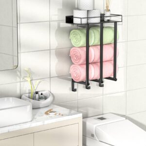 Ovicar Towel Racks for Bathroom - Wall Mounted Towel Rack with Metal Shelf & 3 Hooks, 3 Bars Wall Towel Holder for Small Bathroom, Bath Towel Storage for Rolled Towels Organizer (Black)