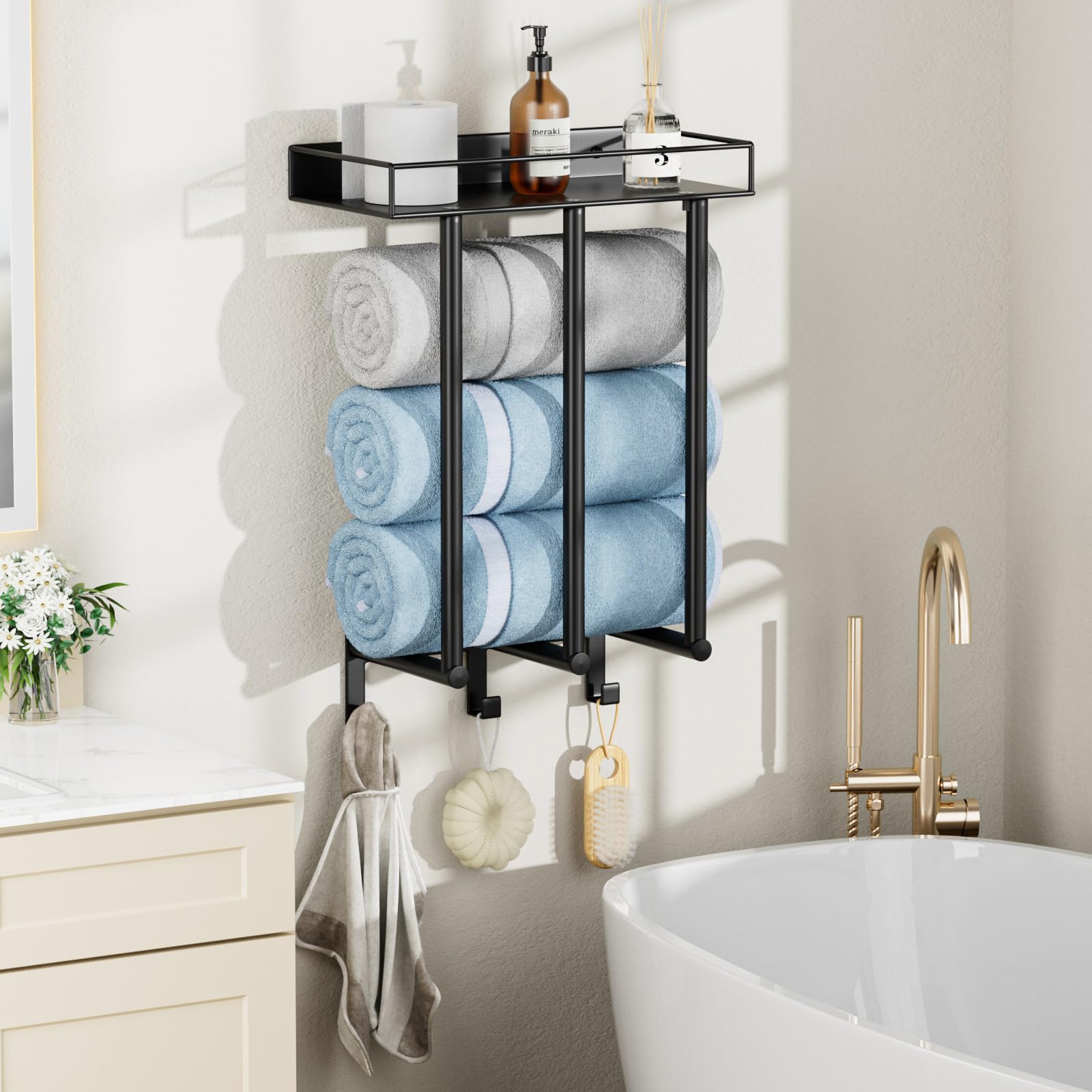Ovicar Towel Racks for Bathroom - Wall Mounted Towel Rack with Metal Shelf & 3 Hooks, 3 Bars Wall Towel Holder for Small Bathroom, Bath Towel Storage for Rolled Towels Organizer (Black)
