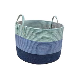 cotton rope basket,home three layers gradient blue, 19.7x19.7x13 inches large rope basket blanket basket living room