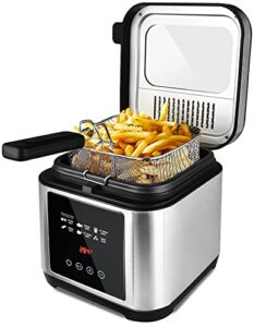 cusimax deep fryer with basket for home use,1200w electric fryer with led display temperature control,removable lid and 2.6qt non-stick inner pot,stainless steel,silver