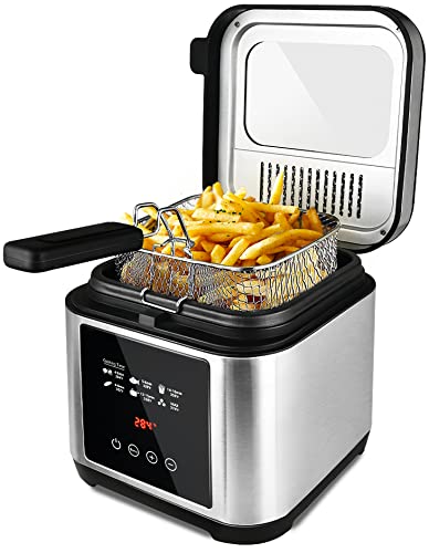 CUSIMAX Deep Fryer with Basket for Home Use,1200W Electric Fryer with LED Display Temperature Control,Removable Lid and 2.6QT Non-Stick Inner Pot,Stainless Steel,Silver